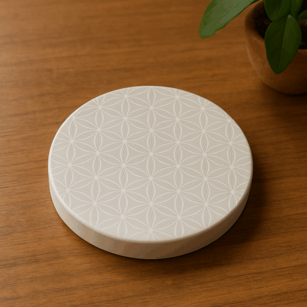 Plaque de Sélénite Fleur de Vie – Recharge & Dynamisation Énergétique – 12 cm